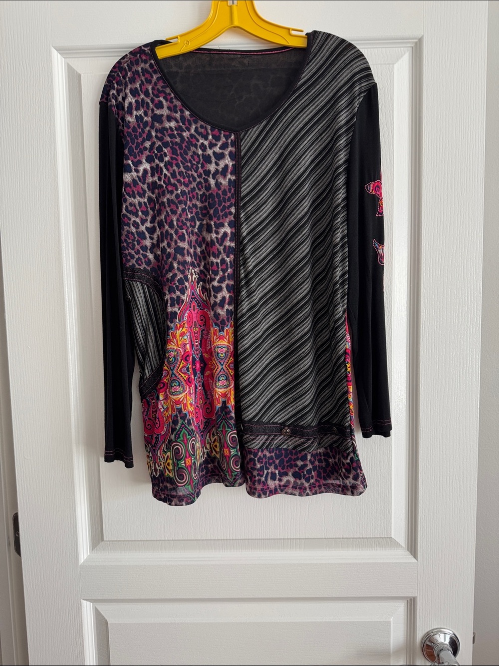 Mixed-Print Long Sleeve Tunic Top - Black & Purple